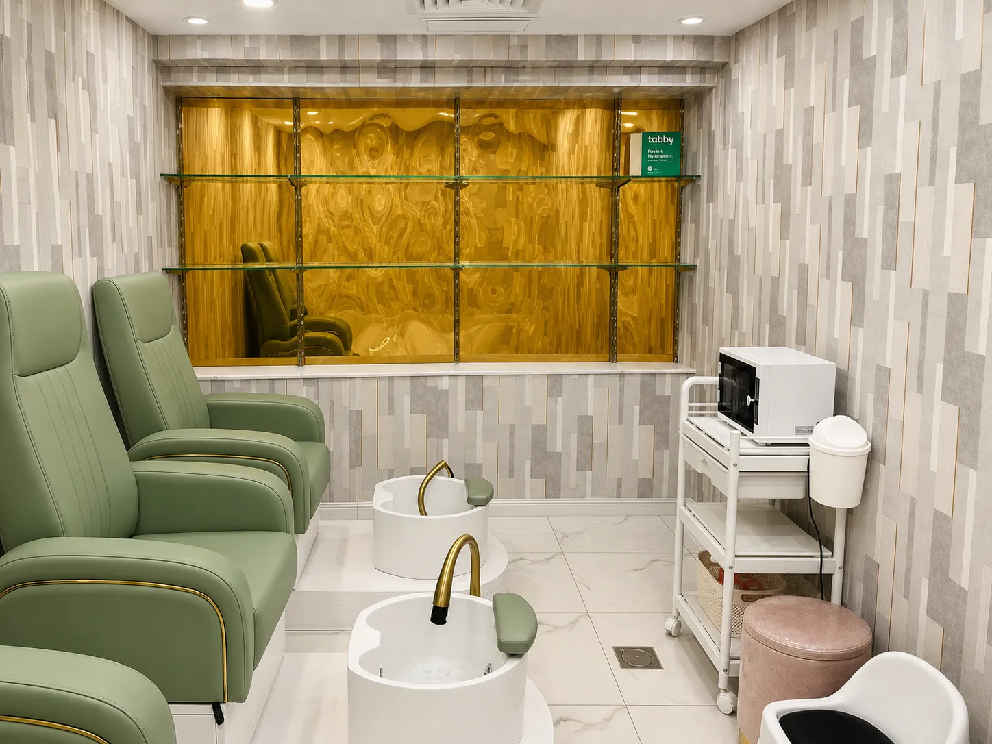 Sage green pedicure chairs at Ambience Ladies Salon